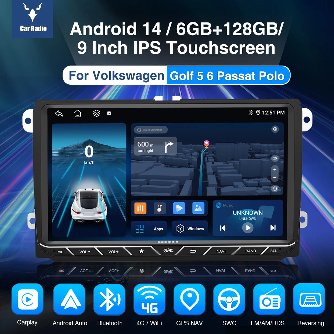 ESSGOO 9" Android 14 8-Core 6+128GB Carplay Car Stereo For VW Golf 5 6 Passat Polo Touran Tiguan Jetta 4G DSP GPS WIFI AM FM BT