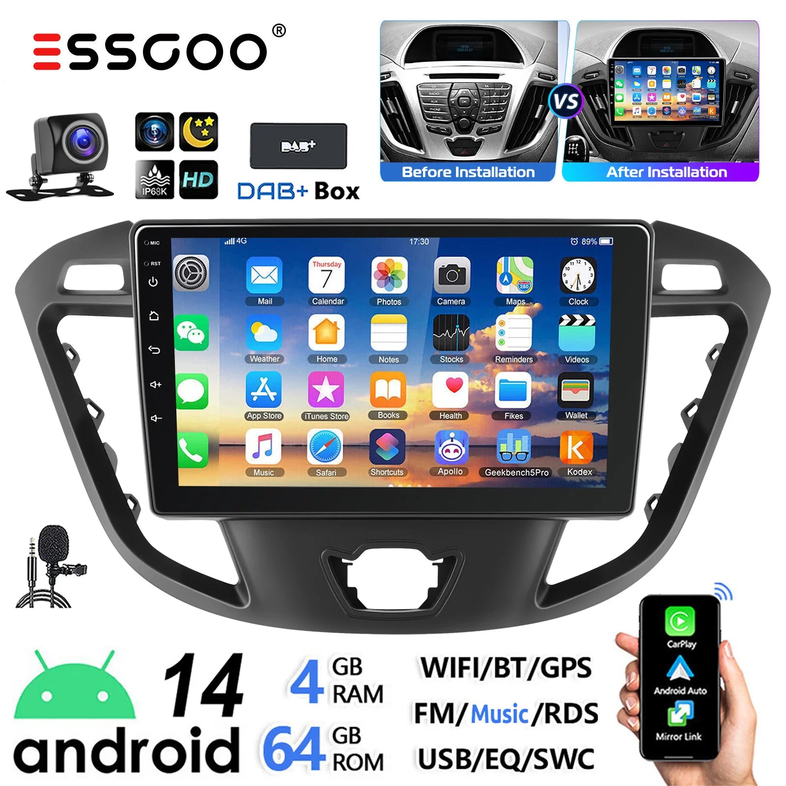 ESSGOO 9" Android 14 4+64G Car Stereo Carplay Android Auto GPS Wifi RDS Bluetooth For Ford Transit Custom 2012-2021 Touchscreen