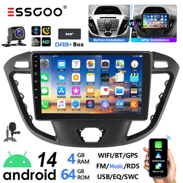 ESSGOO 9" Android 14 4+64G Car Stereo Carplay Android Auto GPS Wifi RDS Bluetooth For Ford Transit Custom 2012-2021 Touchscreen