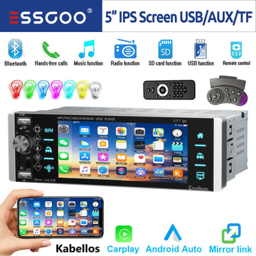 ESSGOO Single 1 DIN Car Stereo Wireless Apple Carplay Android Auto 5" HD ISP Touch Screen Bluetooth USB AUX-IN TF FM Mirror Link