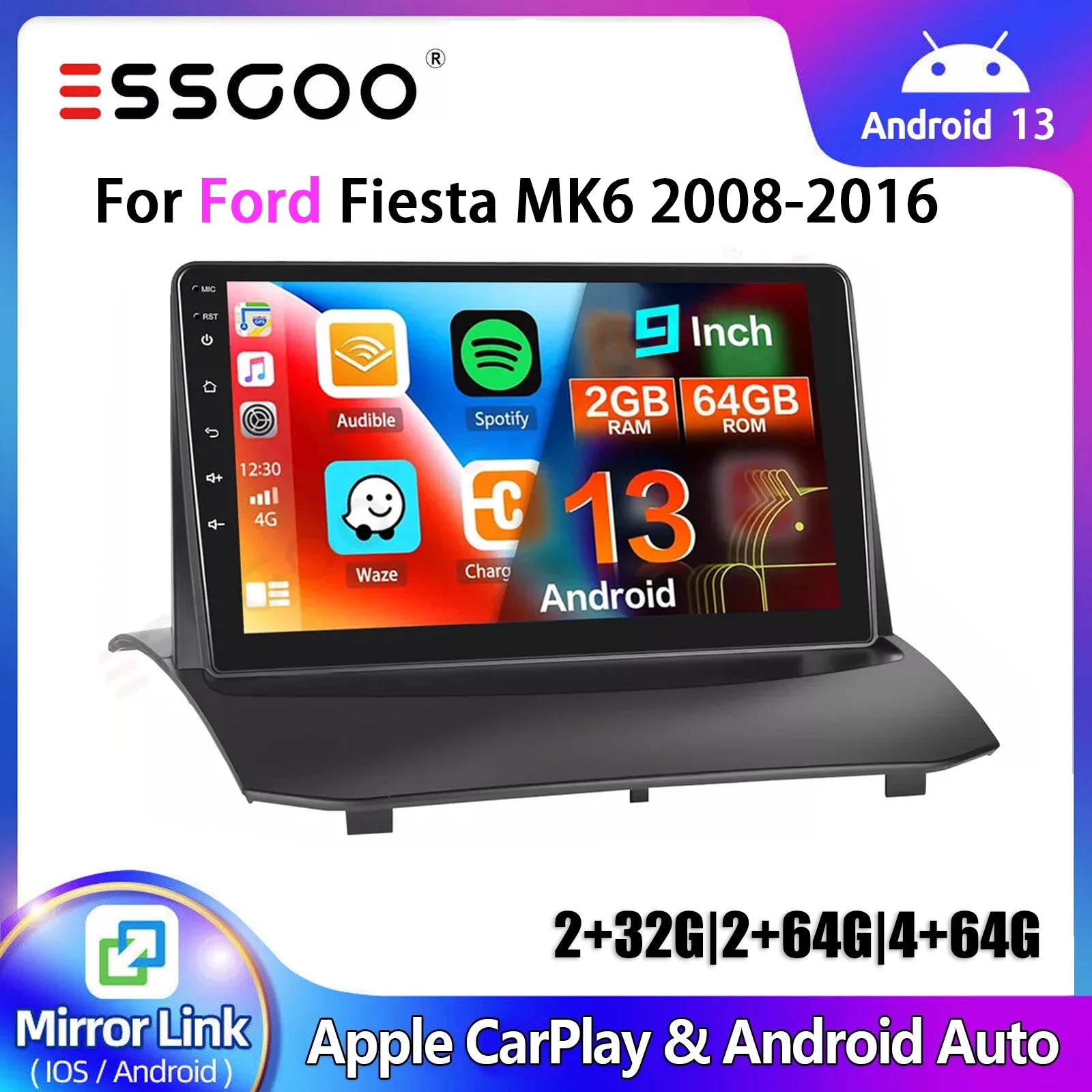 Essgoo 9'' 2DIN Apple Carplay For Ford Fiesta MK6 08-16 Android 13 Car Stereo Radio GPS Navigation FM RDS Wifi Multimedia Player