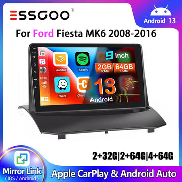 Essgoo 9'' 2DIN Apple Carplay For Ford Fiesta MK6 08-16 Android 13 Car Stereo Radio GPS Navigation FM RDS Wifi Multimedia Player