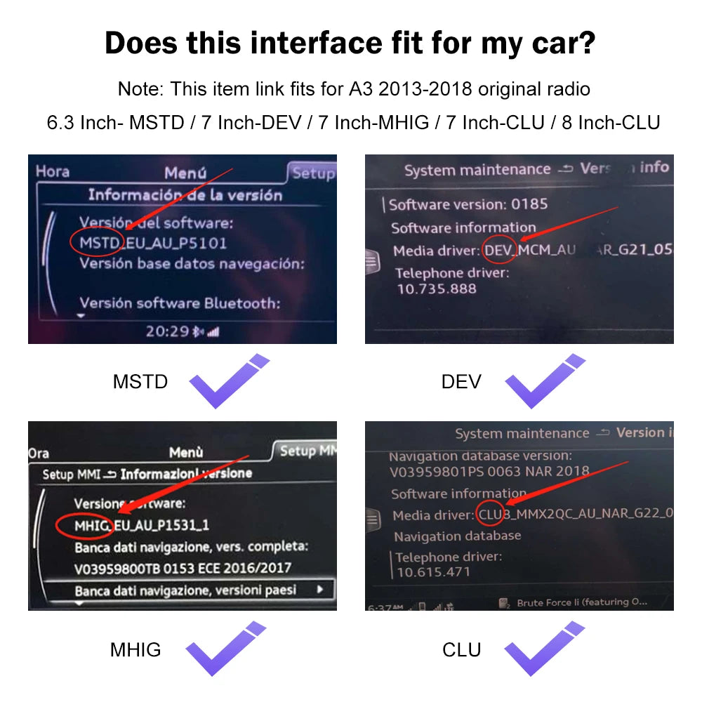 Android Auto Wireless CarPlay for Audi A3 8v Q2 8P 2013-2018, with Mirror Link AirPlay Bluetooth USB Reverse Camera Functions