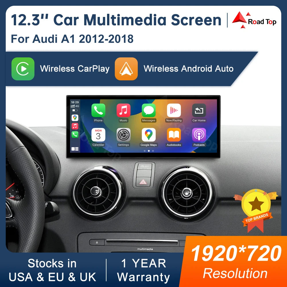 12.3 Inch Touch Screen Multimedia Display for Audi A1 2012-2018 with Airplay Miracast Wireless Carplay And Android Auto