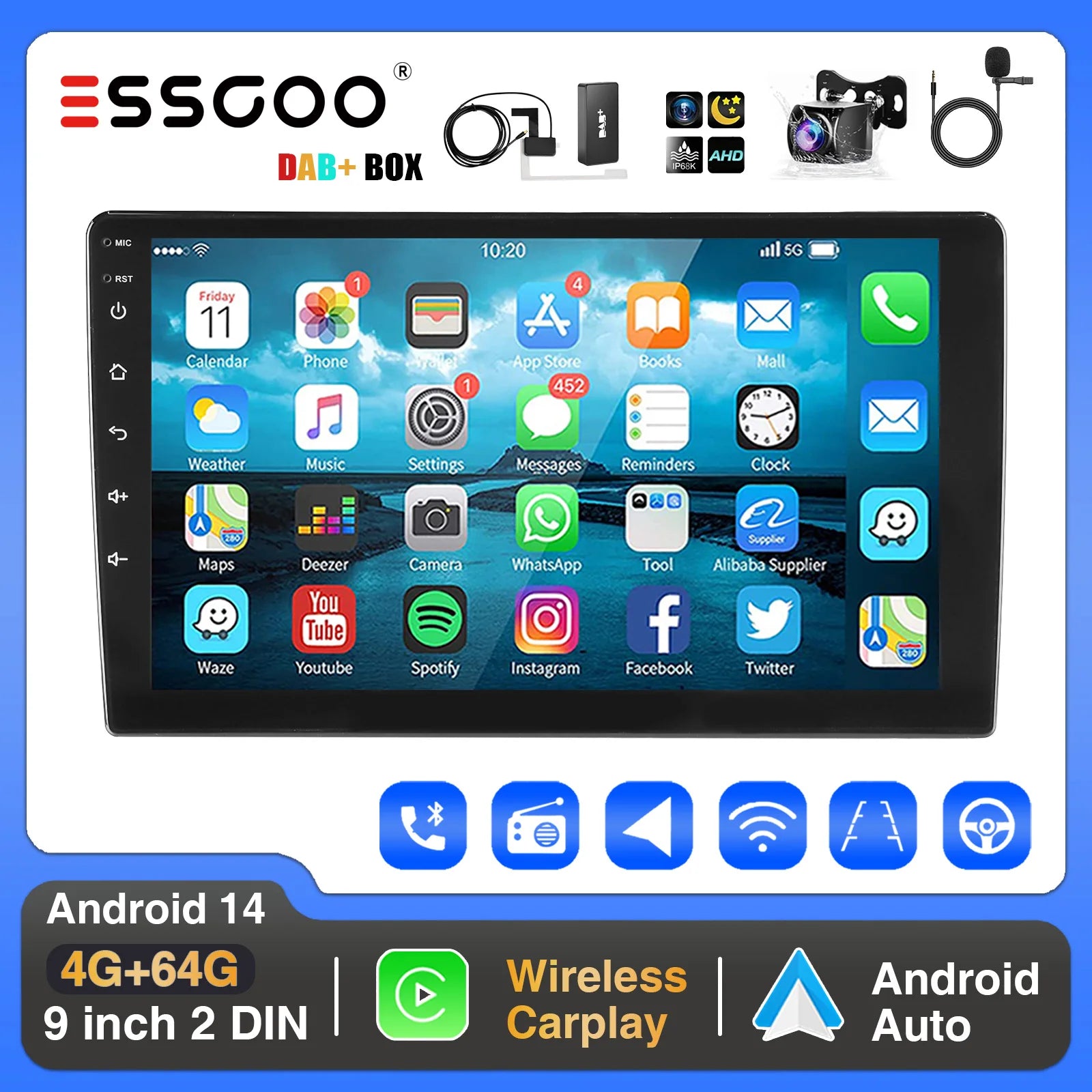 ESSGOO 4+64G Car Stereo Head Unit Radio Wireless CarPlay Android Auto Double 2 DIN 9" IPS Touch Screen GPS SAT NAVI FM DAB+ WIFI
