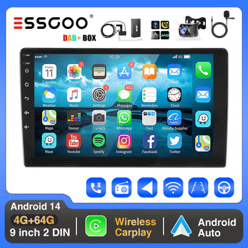 ESSGOO 4+64G Car Stereo Head Unit Radio Wireless CarPlay Android Auto Double 2 DIN 9" IPS Touch Screen GPS SAT NAVI FM DAB+ WIFI