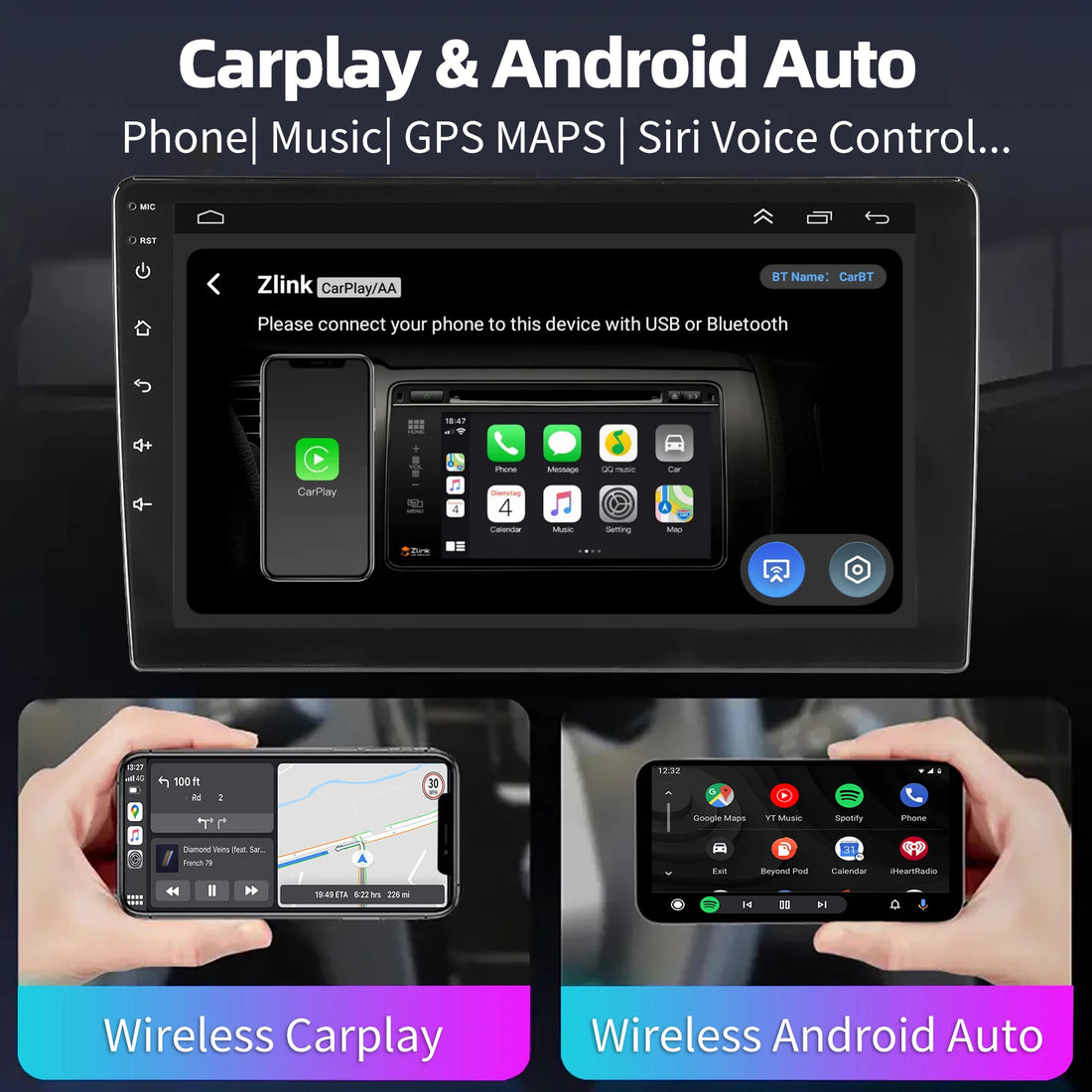 ESSGOO 4+64G Car Stereo Head Unit Radio Wireless CarPlay Android Auto Double 2 DIN 9" IPS Touch Screen GPS SAT NAVI FM DAB+ WIFI